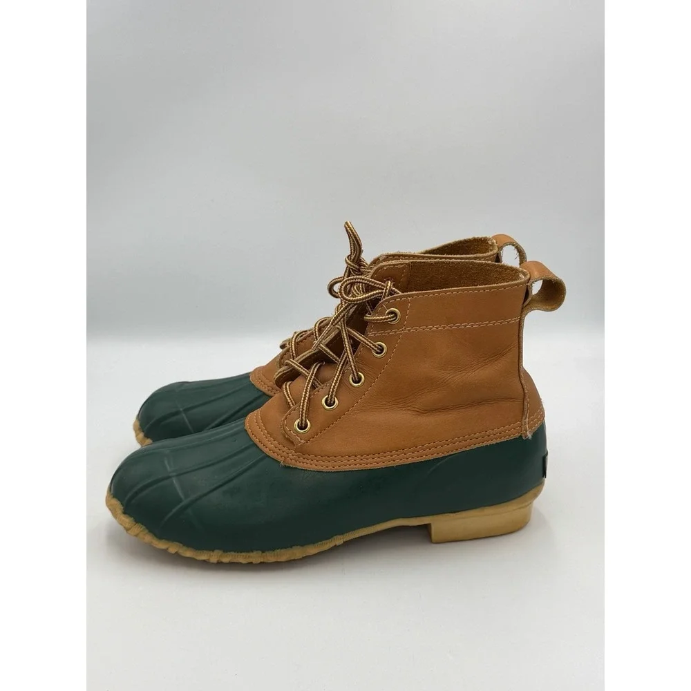 Vintage Eddie Bauer Duck Boots Green Tan Leather Rain Boots Women's Size 9